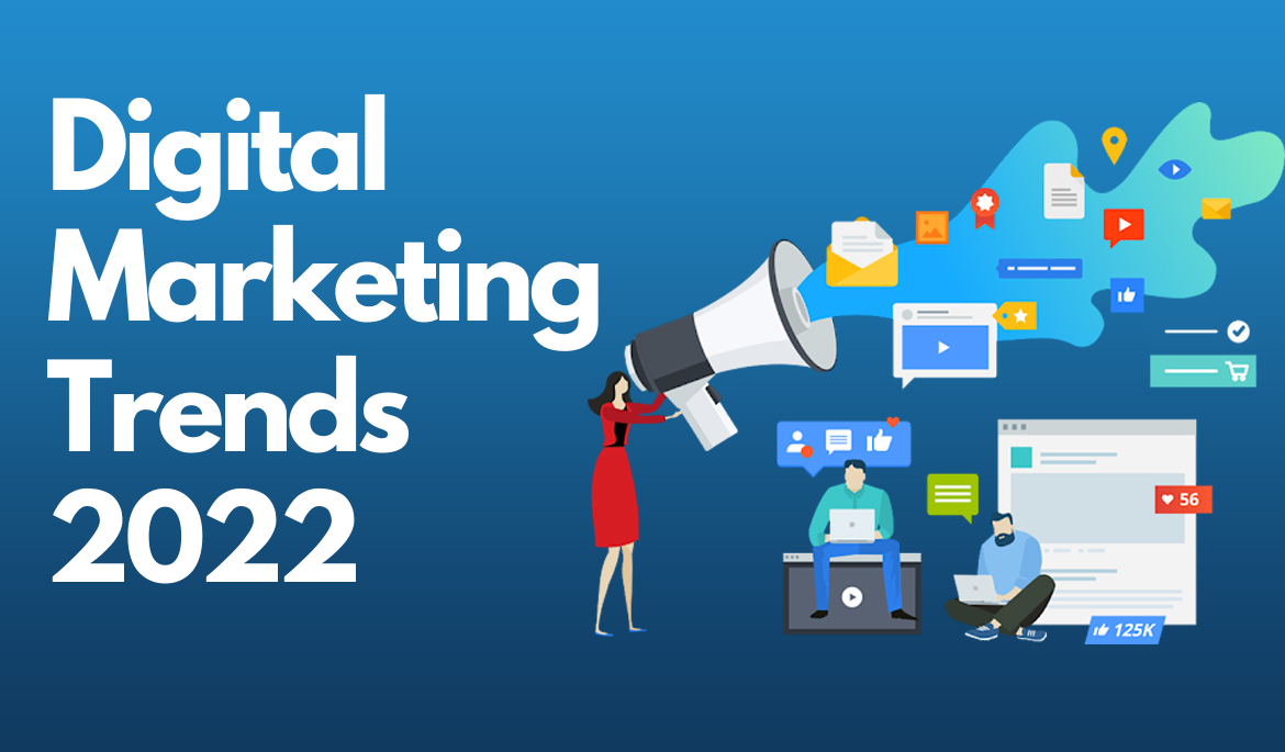 The image features a dynamic mix of icons representing AI, social media, video content, and analytics, symbolizing various trends in digital marketing. It conveys the idea of staying abreast of the latest developments in the digital marketing landscape for effective online strategies and campaign success.