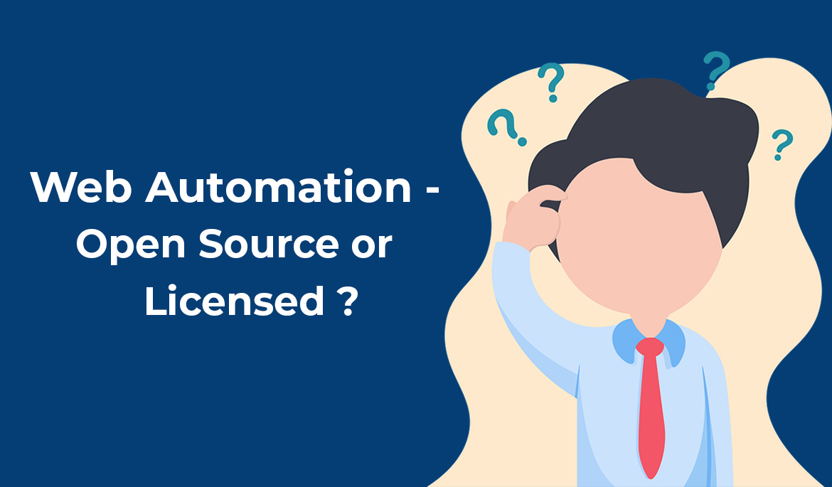 The image showcases a comparison between an open-source icon and a licensed icon, symbolizing the decision-making process. It conveys the idea of evaluating the pros and cons of open-source and licensed QA tools for web automation, providing insights for making an informed choice.