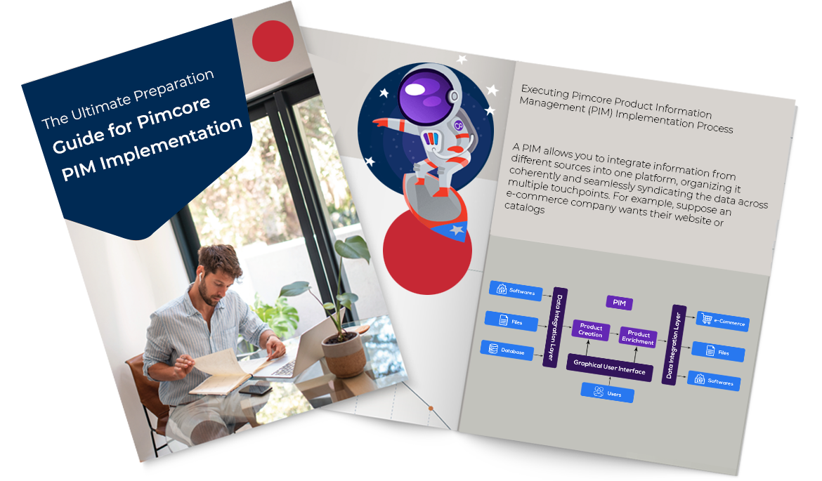The image communicates a comprehensive guide for implementing Pimcore PIM, emphasizing a structured approach and successful execution.