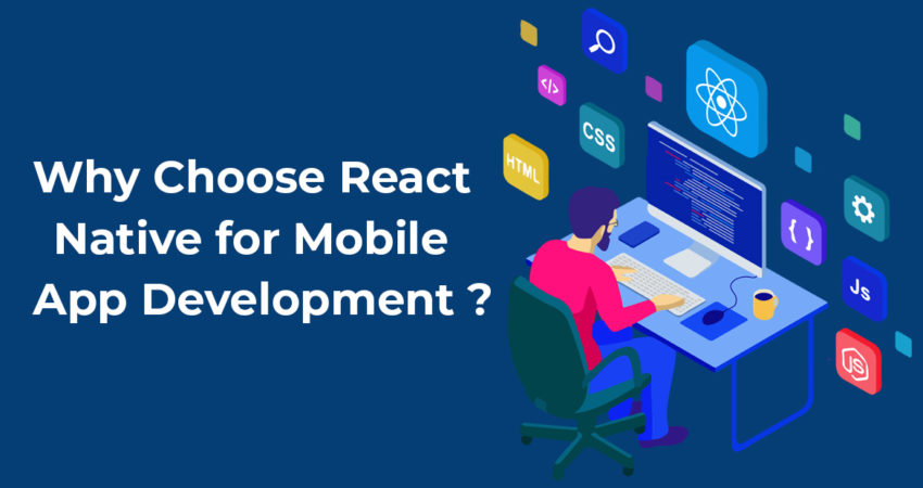 The image features React Native's logo surrounded by icons representing cross-platform compatibility, efficiency, and a vibrant developer community. It communicates the advantages of choosing React Native for mobile app development, emphasizing its ability to deliver a consistent user experience across different platforms.