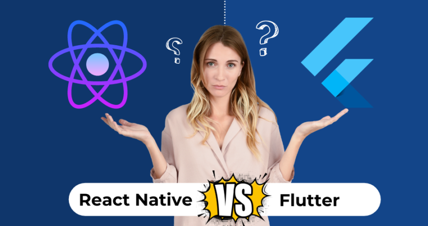 The graphic features logos of React Native and Flutter frameworks, symbolizing a comprehensive analysis and comparison. It suggests an exploration of the strengths and differences between these technologies, aiding in informed decision-making for mobile app development.