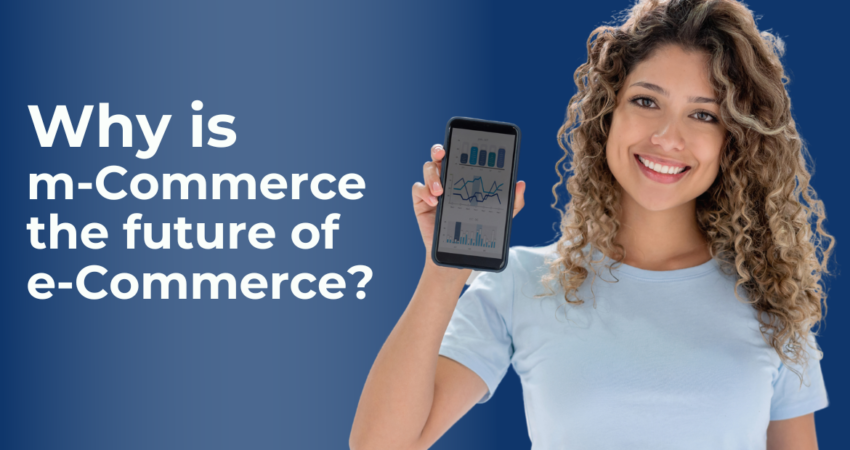 The image features mobile devices, shopping carts, and emerging technology icons, conveying the transformative impact of mobile commerce on the future of the e-commerce landscape. It suggests a deep dive into the reasons behind the rising significance of M-Commerce in shaping the future of online retail.