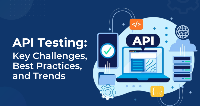 The graphic features a blend of icons representing APIs, testing tools, and trend graphs, conveying the comprehensive content on challenges, best practices, and evolving trends in API testing within the document.
