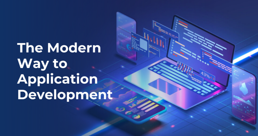 Visual representation of 'The Modern Way to Application Development.' The image showcases a collaborative workspace with developers using cutting-edge tools and technologies. It conveys the contemporary and innovative approach to application development, highlighting efficiency, collaboration, and the integration of modern practices in the software development lifecycle.