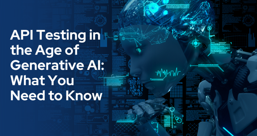 A laptop displaying a code editor with API Testing related content on the screen. A robotic arm emerges from the screen, holding a magnifying glass, symbolizing AI involvement. The title reads: 'API Testing in the Age of Generative AI - What You Need to Know