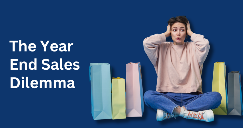 A visual representation of the 'Year-End Sale Dilemma,' featuring contrasting options for shoppers. The image conveys a decision-making scenario with choices between various discounted products and promotions, capturing the essence of the consumer's dilemma during a year-end sale event.