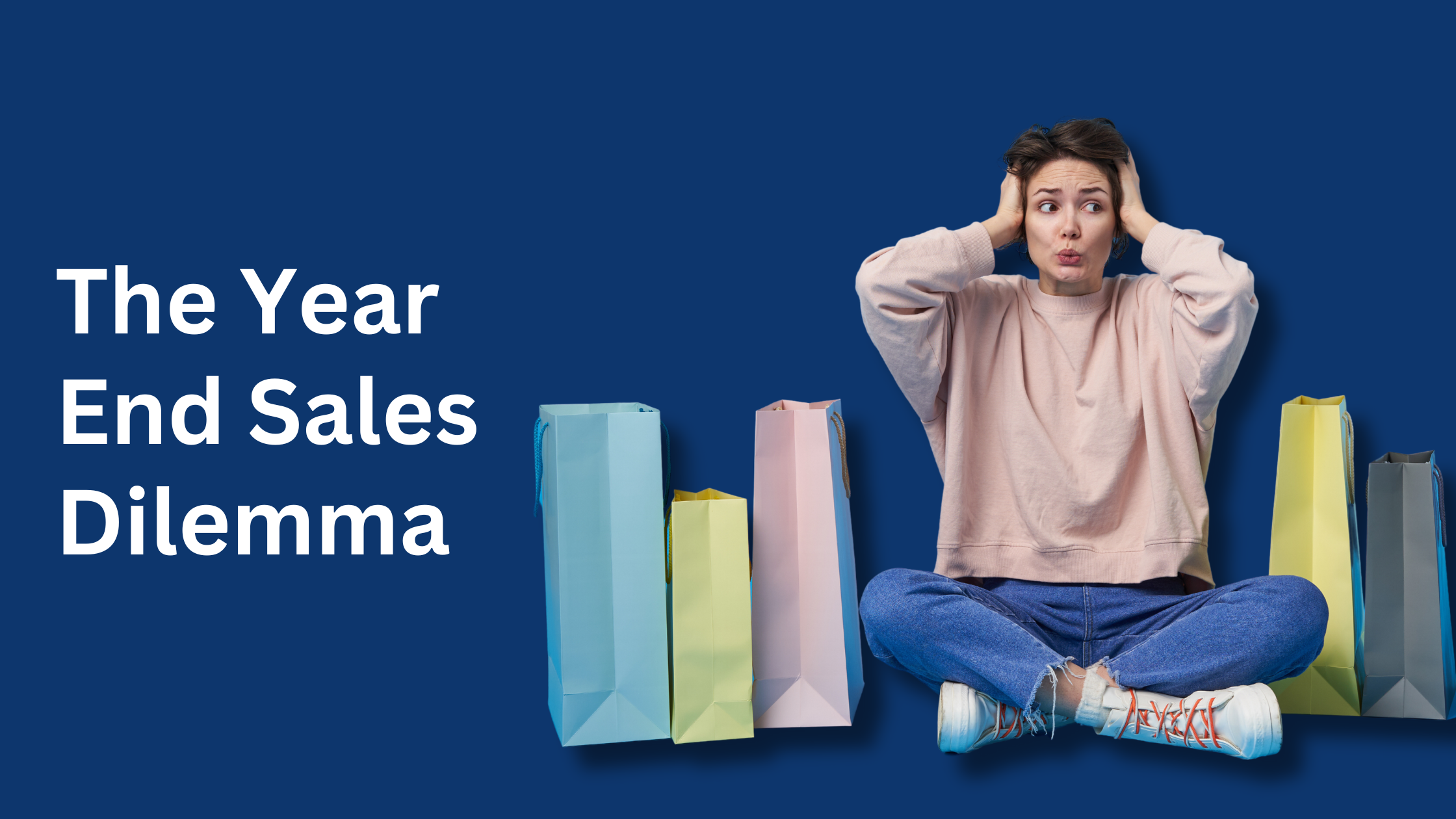 A visual representation of the 'Year-End Sale Dilemma,' featuring contrasting options for shoppers. The image conveys a decision-making scenario with choices between various discounted products and promotions, capturing the essence of the consumer's dilemma during a year-end sale event.